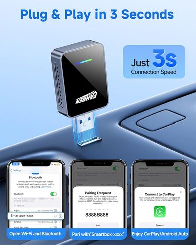 محول FAHREN 2 في 1 اللاسلكي CarPlay & Android Auto، محول لاسلكي لتشغيل السيارة بنقرة واحدة، يحول سلكي إلى محول Carplay بلوتوث صغير، متوافق مع iOS وAndroid مع USB A وUSB C in Kuwait