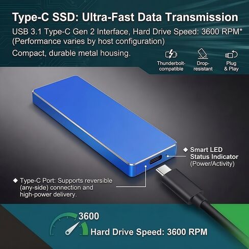 Portable Mobile Intelligent Backup Disk, 64 GB High Capacity External Storage for Photos Videos, USB 3.1 Type-C Interface Memory Extender, Blue in Saudi Arabia