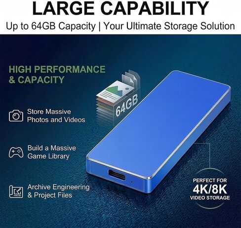 Portable Mobile Intelligent Backup Disk, 64 GB High Capacity External Storage for Photos Videos, USB 3.1 Type-C Interface Memory Extender, Blue in Saudi Arabia
