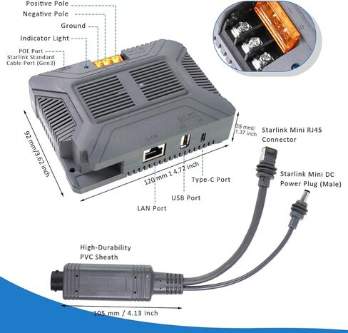 حاقن Starlink Mini PoE ومجموعة مقسم الطاقة 12 فولت، 150 واط جيجابت PoE السلبي مع RJ45 ملحوم، حماية ESD، استبدال DC 9-36V إلى 48V/3A لجهاز التوجيه Starlink Mini Dishy in Kuwait