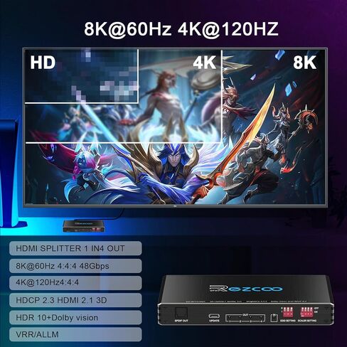 HDMI 2.1 Splitter 1x4 4K 120 هرتز مستخرج الصوت VRR ALLM HDCP2.3 HDR10+ SPDIF الصوت البصري EDID، نسخ، تصغير الحجم، HDR لألعاب الكمبيوتر Xbox PS5 Roku Fire TV in Kuwait