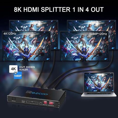HDMI 2.1 Splitter 1x4 4K 120 هرتز مستخرج الصوت VRR ALLM HDCP2.3 HDR10+ SPDIF الصوت البصري EDID، نسخ، تصغير الحجم، HDR لألعاب الكمبيوتر Xbox PS5 Roku Fire TV in Kuwait
