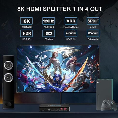 HDMI 2.1 Splitter 1x4 4K 120 هرتز مستخرج الصوت VRR ALLM HDCP2.3 HDR10+ SPDIF الصوت البصري EDID، نسخ، تصغير الحجم، HDR لألعاب الكمبيوتر Xbox PS5 Roku Fire TV in Kuwait