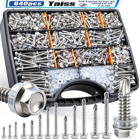 Taiss 840PCS #8#10#12#14 Self Tapping Screws for Metal,410 Stainless Steel Metal High-Strength Quick Sheet Metal Screws,Hex Washer Head Self Drilling Screw with 420PCS Rubber Washer in Saudi Arabia