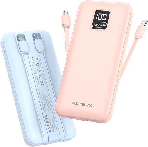 شاحن محمول AsperX 2-Pack 10000mAh مع كابلات مدمجة، حزمة بطارية أساسية للسفر USB C مع 4 مخارج ومدخلين، بنك طاقة بشاشة LED مع أسلاك سلكية لهاتف iPhone Samsung Google Pixel iPad in Saudi Arabia