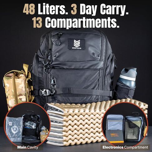 حقيبة ظهر تكتيكية للسفر CARGO 48L لمدة 3 أيام، فتحات جهاز مزدوجة 17 بوصة، مقصورات محمية RF وNFC، غلاف مقاوم للماء 1000D، متوافق مع MOLLE، قماش من القماش الخشن قابل للتحويل in Saudi Arabia
