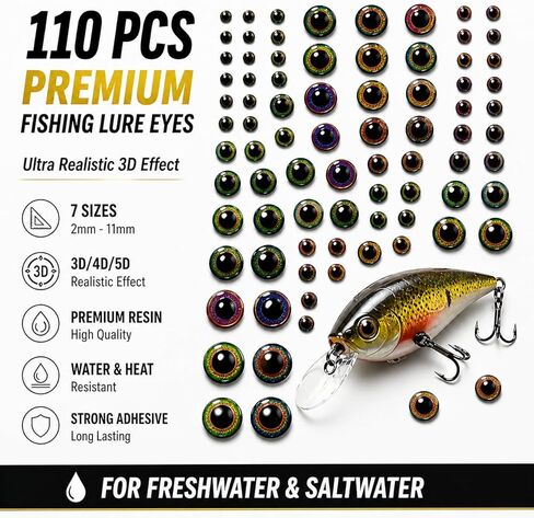 110PCS Realistic Fishing Lure Eyes Mix 3D 4D 5D – Resin Dome Fly Tying Eyes for Lure Making, Jigs, Crankbaits & Streamers – Self Adhesive Bionic Fish Eyes Assorted Sizes 2mm-11mm in Saudi Arabia