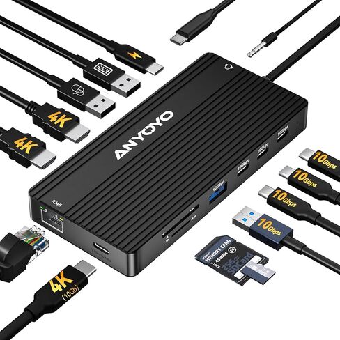 محطة إرساء USB C من ANYOYO، محور USB 14 في 1 لـ 3 شاشات، فيديو HDMI وUSB-C مزدوج 4K@60 هرتز، 4xUSB-C(10 جيجابت في الثانية)، 3X USB-A، إيثرنت، SD/TF وصوت 3.5 مم - محول متعدد المنافذ لأجهزة Lenovo/Dell/HP (أسود) in Kuwait