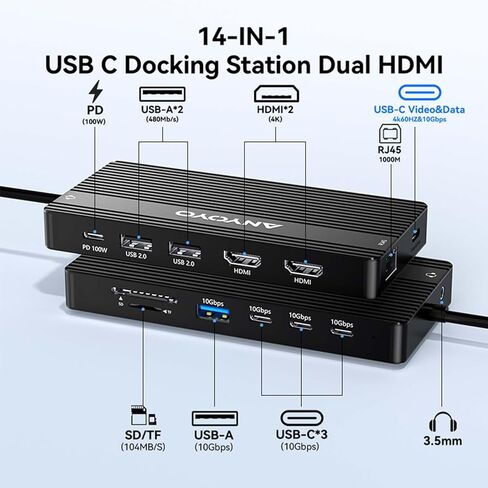 محطة إرساء USB C من ANYOYO، محور USB 14 في 1 لـ 3 شاشات، فيديو HDMI وUSB-C مزدوج 4K@60 هرتز، 4xUSB-C(10 جيجابت في الثانية)، 3X USB-A، إيثرنت، SD/TF وصوت 3.5 مم - محول متعدد المنافذ لأجهزة Lenovo/Dell/HP (أسود) in Kuwait