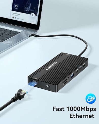 محطة إرساء USB C من ANYOYO، محور USB 14 في 1 لـ 3 شاشات، فيديو HDMI وUSB-C مزدوج 4K@60 هرتز، 4xUSB-C(10 جيجابت في الثانية)، 3X USB-A، إيثرنت، SD/TF وصوت 3.5 مم - محول متعدد المنافذ لأجهزة Lenovo/Dell/HP (أسود) in Kuwait