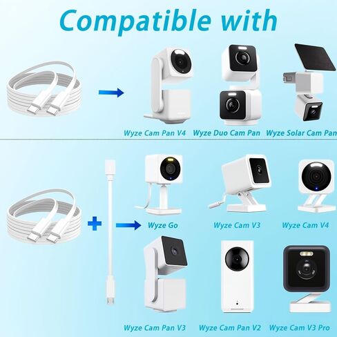 كابل طاقة USB C إلى USB C بطول 20 قدم لكاميرا CCTV الأمنية، Wyze Cam Pan V4، Duo/Solar Cam Pan، Cam V4، Cam v3، Cam Pan، Cam OG، TP-Link Tapo C120، سلك شحن USB إلى Micro USB، كابل تمديد طويل - قطعتان in Kuwait