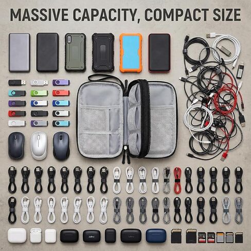 Portable Waterproof Travel Cable Organizer Pouch Electronic Accessories Carry Case Double Layers Functional Storage Bag for Cord, Charger, Phone, Earphone (Black) in Saudi Arabia
