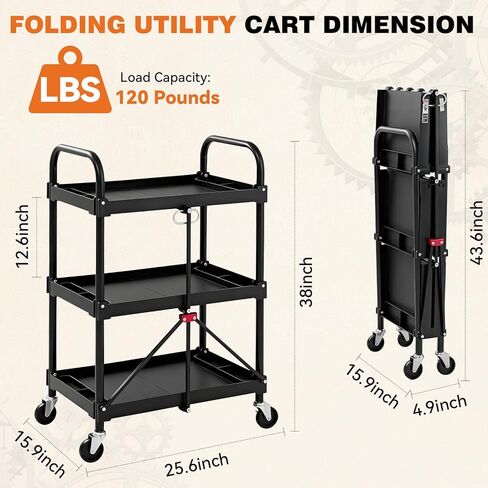 NEWBULIG 3-Tier Folding Utility Cart, Collapsible Service Cart with 4 Swivel Wheels & Brakes, Heavy Duty Rolling Storage for Kitchen Garden, 120 lbs Capacity, Black in Saudi Arabia