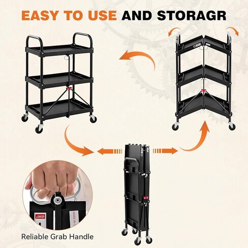 NEWBULIG 3-Tier Folding Utility Cart, Collapsible Service Cart with 4 Swivel Wheels & Brakes, Heavy Duty Rolling Storage for Kitchen Garden, 120 lbs Capacity, Black in Saudi Arabia
