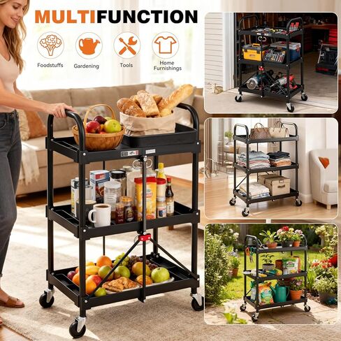NEWBULIG 3-Tier Folding Utility Cart, Collapsible Service Cart with 4 Swivel Wheels & Brakes, Heavy Duty Rolling Storage for Kitchen Garden, 120 lbs Capacity, Black in Saudi Arabia