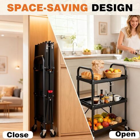 NEWBULIG 3-Tier Folding Utility Cart, Collapsible Service Cart with 4 Swivel Wheels & Brakes, Heavy Duty Rolling Storage for Kitchen Garden, 120 lbs Capacity, Black in Saudi Arabia