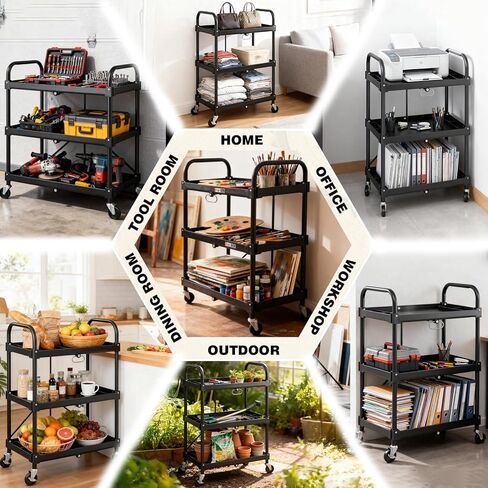 NEWBULIG 3-Tier Folding Utility Cart, Collapsible Service Cart with 4 Swivel Wheels & Brakes, Heavy Duty Rolling Storage for Kitchen Garden, 120 lbs Capacity, Black in Saudi Arabia