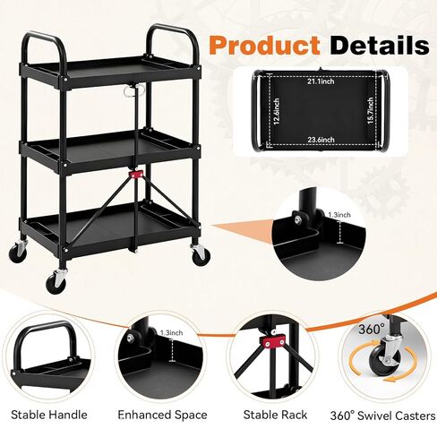 NEWBULIG 3-Tier Folding Utility Cart, Collapsible Service Cart with 4 Swivel Wheels & Brakes, Heavy Duty Rolling Storage for Kitchen Garden, 120 lbs Capacity, Black in Saudi Arabia