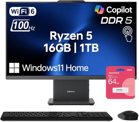 كمبيوتر مكتبي Lenovo IdeaCentre I الكل في واحد للمكتب المنزلي، ذاكرة وصول عشوائي DDR5 سعة 64 جيجابايت، SSD 2 تيرابايت، AMD Ryzen 5 7535HS، شاشة لمس FHD مقاس 27 بوصة 100 هرتز، كاميرا ويب، KB & M لاسلكي، W11H، حزمة مع محرك أقراص فلاش USB ADATA سعة 64 جيجابا in Kuwait