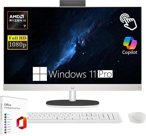 HP 27" FHD All-in-One Touchscreen Desktop Computer, AMD Ryzen AI 7 350, AMD Radeon 860M Graphics, Business Desktop, 32GB DDR5 RAM | 2TB SSD, WiFi 6, Copilot AI, Win11 Pro w/KB & Mouse - White in Saudi Arabia