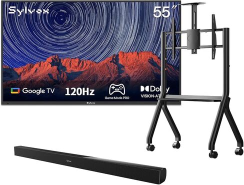 تلفزيون SYLVOX خارجي مع حامل متحرك ومكبر صوت، تلفزيونات ذكية 55 بوصة 120 هرتز 4K، مقاوم للطقس وIP55 مقاوم للماء، متوافق مع Google وDolby Atmos، HDMI 2.1 وUSB 3.0، 1000 شمعة في المتر المربع خارج التلفزيون للألعاب in Saudi Arabia