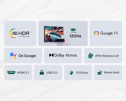 تلفزيون SYLVOX خارجي مع حامل متحرك ومكبر صوت، تلفزيونات ذكية 55 بوصة 120 هرتز 4K، مقاوم للطقس وIP55 مقاوم للماء، متوافق مع Google وDolby Atmos، HDMI 2.1 وUSB 3.0، 1000 شمعة في المتر المربع خارج التلفزيون للألعاب in Saudi Arabia