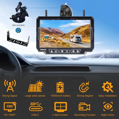 Rohent RV Wireless Backup Camera 7-inch for Trailer: Easy Setup Solar RV Rear View Camera with Recording - 4 Channels, Strong Magnetic 1080P HD Long-Battery Life for Camper, Truck, Fifth Wheel in Saudi Arabia