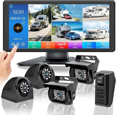 نظام كاميرا RV، شاشة لمس 10.36 بوصة DVR 5 قنوات منفصلة مع كشف النقاط العمياء، IP69 رؤية ليلية مقاومة للماء 1080P كاميرا عرض جانبية أمامية وخلفية احتياطية لشاحنة RV مقطورة العربة in Kuwait