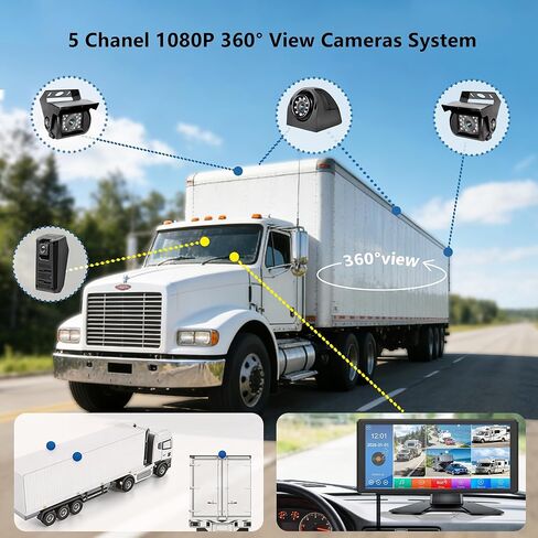 نظام كاميرا RV، شاشة لمس 10.36 بوصة DVR 5 قنوات منفصلة مع كشف النقاط العمياء، IP69 رؤية ليلية مقاومة للماء 1080P كاميرا عرض جانبية أمامية وخلفية احتياطية لشاحنة RV مقطورة العربة in Kuwait