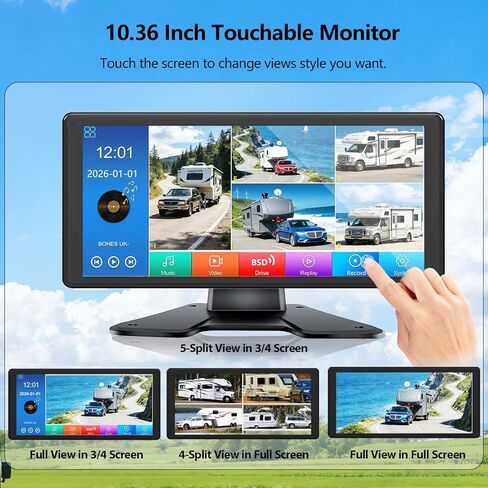 نظام كاميرا RV، شاشة لمس 10.36 بوصة DVR 5 قنوات منفصلة مع كشف النقاط العمياء، IP69 رؤية ليلية مقاومة للماء 1080P كاميرا عرض جانبية أمامية وخلفية احتياطية لشاحنة RV مقطورة العربة in Kuwait