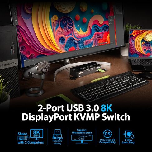 ATEN CS1922A 2-Port USB 3.0 8K DisplayPort KVM Switch، التحكم في جهازي كمبيوتر مع شاشة واحدة، لوحة مفاتيح، ماوس، 8K@60 هرتز، 4K@120 هرتز، مفتاح HotKey، زر ضغط، منفذ عن بعد أو محول RS-232، الكابلات متضمنة in Saudi Arabia