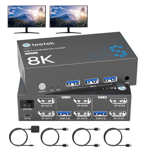 Hearvo 8K@60 هرتز KVM Switch 2 شاشات 2 جهاز كمبيوتر DisplayPort، ومفاتيح USB3.0 KVM، وشاشة مزدوجة 4K@120 هرتز لمجموعة واحدة من طابعة ماوس لوحة المفاتيح وقرص U مع كابلات USB EDID التكيفية 2 -S7230P2 in Saudi Arabia