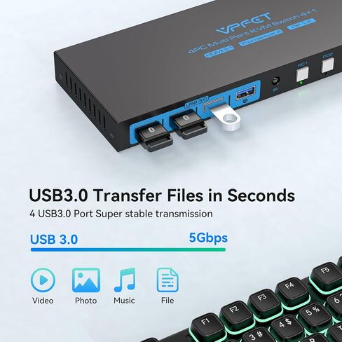 KVM Switch 1 شاشات 4 أجهزة كمبيوتر 4K144 هرتز 4 منافذ KVM لـ 4 أجهزة كمبيوتر تشارك شاشة واحدة و4 أجهزة USB 3.0، مثل طابعة لوحة المفاتيح والماوس، مع وحدة التحكم والتوصيل والتشغيل in Kuwait