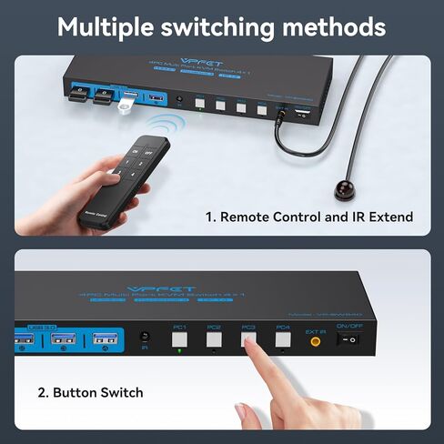 KVM Switch 1 شاشات 4 أجهزة كمبيوتر 4K144 هرتز 4 منافذ KVM لـ 4 أجهزة كمبيوتر تشارك شاشة واحدة و4 أجهزة USB 3.0، مثل طابعة لوحة المفاتيح والماوس، مع وحدة التحكم والتوصيل والتشغيل in Kuwait