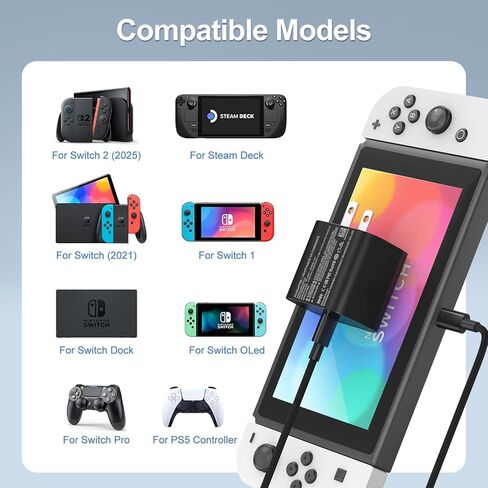 Switch 2 Charger - 60w Charger for Nintendo Switch 2/1，20V 3A PD3.0 Fast Charging Power Supply with 6.6FT USB C Cord Compatible with Switch/OLED/Lite/Steam Deck - Support 4K TV Mode in Saudi Arabia