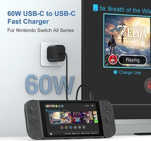 Switch 2 Charger - 60w Charger for Nintendo Switch 2/1，20V 3A PD3.0 Fast Charging Power Supply with 6.6FT USB C Cord Compatible with Switch/OLED/Lite/Steam Deck - Support 4K TV Mode in Saudi Arabia