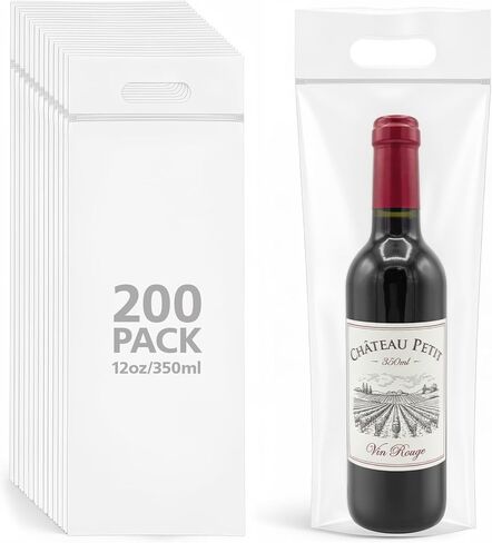 Gueevin 200pcs Wine to Go Bottle Bags with Handle, Carryout Adhesive Seal Tamper Proof Plastic Travel Wine Bags for Restaurant Bar Gift Wrapping Bag (Clear,18.1x6.3inch) in Saudi Arabia