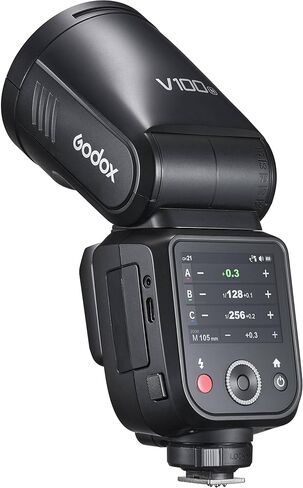 فلاش Godox V100 بقوة 100 واط على الكاميرا لنيكون مع شاشة لمس كاملة الألوان مقاس 2.3 بوصة، ومزامنة لاسلكية مدمجة 2.4 جيجا، وبطارية قوية (أسود) in Saudi Arabia