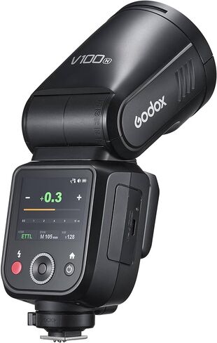 فلاش Godox V100 بقوة 100 واط على الكاميرا لنيكون مع شاشة لمس كاملة الألوان مقاس 2.3 بوصة، ومزامنة لاسلكية مدمجة 2.4 جيجا، وبطارية قوية (أسود) in Saudi Arabia