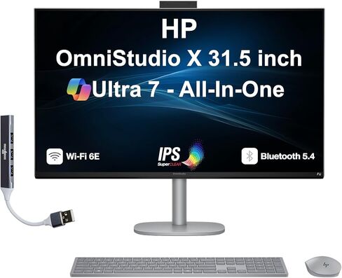 HP OmniStudio X AI PC All-in-One 31.5" IPS 4K UHD Display (Intel Ultra 7-256V, 16GB LPDDR5X, 1TB SSD, Intel Arc 140V, WiFi 6E, Webcam, Bluetooth 5.4, Win 11 Home) w/DKZ USB Port Expander in Saudi Arabia