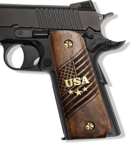 URAY 1911 Full Size Walnut Wood Grips – USA Aluminum Inlay & Laser Engraved American Flag, Premium Grip Panels for Government Model 1911 in Saudi Arabia