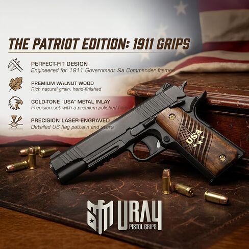 URAY 1911 Full Size Walnut Wood Grips – USA Aluminum Inlay & Laser Engraved American Flag, Premium Grip Panels for Government Model 1911 in Saudi Arabia