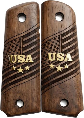 URAY 1911 Full Size Walnut Wood Grips – USA Aluminum Inlay & Laser Engraved American Flag, Premium Grip Panels for Government Model 1911 in Saudi Arabia