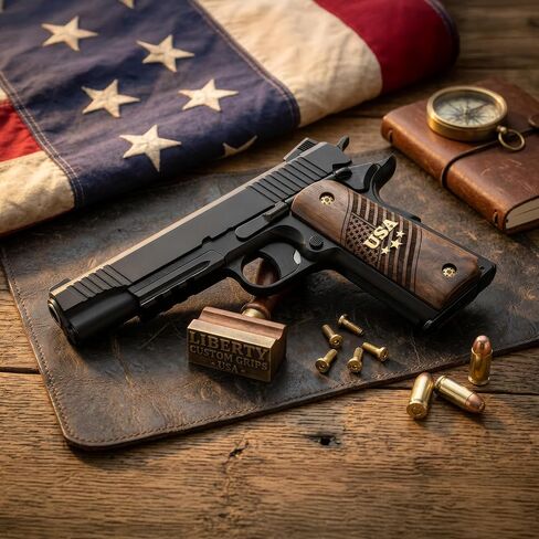 URAY 1911 Full Size Walnut Wood Grips – USA Aluminum Inlay & Laser Engraved American Flag, Premium Grip Panels for Government Model 1911 in Saudi Arabia