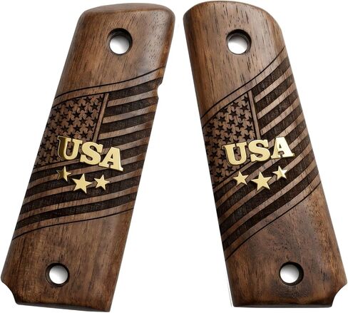 URAY 1911 Full Size Walnut Wood Grips – USA Aluminum Inlay & Laser Engraved American Flag, Premium Grip Panels for Government Model 1911 in Saudi Arabia