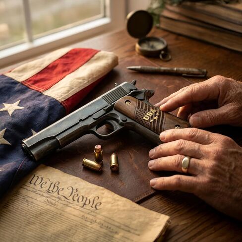 URAY 1911 Full Size Walnut Wood Grips – USA Aluminum Inlay & Laser Engraved American Flag, Premium Grip Panels for Government Model 1911 in Saudi Arabia