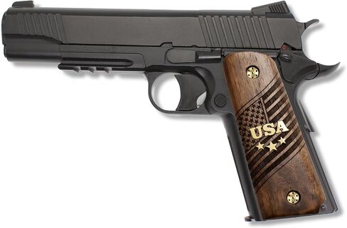 URAY 1911 Full Size Walnut Wood Grips – USA Aluminum Inlay & Laser Engraved American Flag, Premium Grip Panels for Government Model 1911 in Saudi Arabia