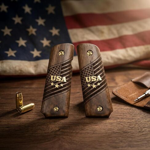 URAY 1911 Full Size Walnut Wood Grips – USA Aluminum Inlay & Laser Engraved American Flag, Premium Grip Panels for Government Model 1911 in Saudi Arabia