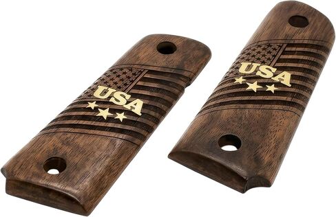 URAY 1911 Full Size Walnut Wood Grips – USA Aluminum Inlay & Laser Engraved American Flag, Premium Grip Panels for Government Model 1911 in Saudi Arabia