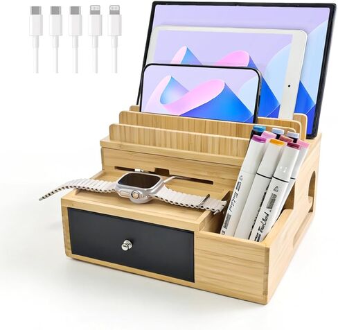 Bamboo Charging Organizer for Multi-Devices, with Drawer and Pen Holder, Nightstand Desk Charging Stations Electronic Organizer for Cell Phone, Tablet, Etc (with 5-Cable, No USB Charger) in Saudi Arabia